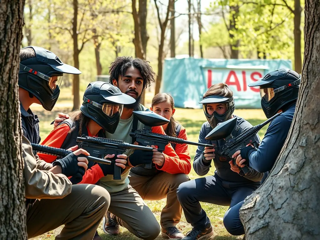 A group of paintball players in action during a structured training session, showcasing teamwork and strategic gameplay in a controlled environment.