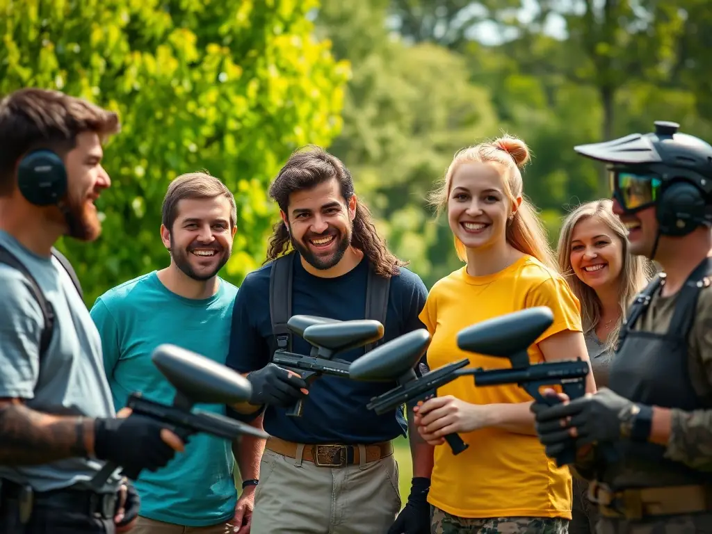 A diverse group of participants engaging in an inclusive sports program, highlighting the adaptability and accessibility of paintball at PAINTBALL EDEN DIRAC.