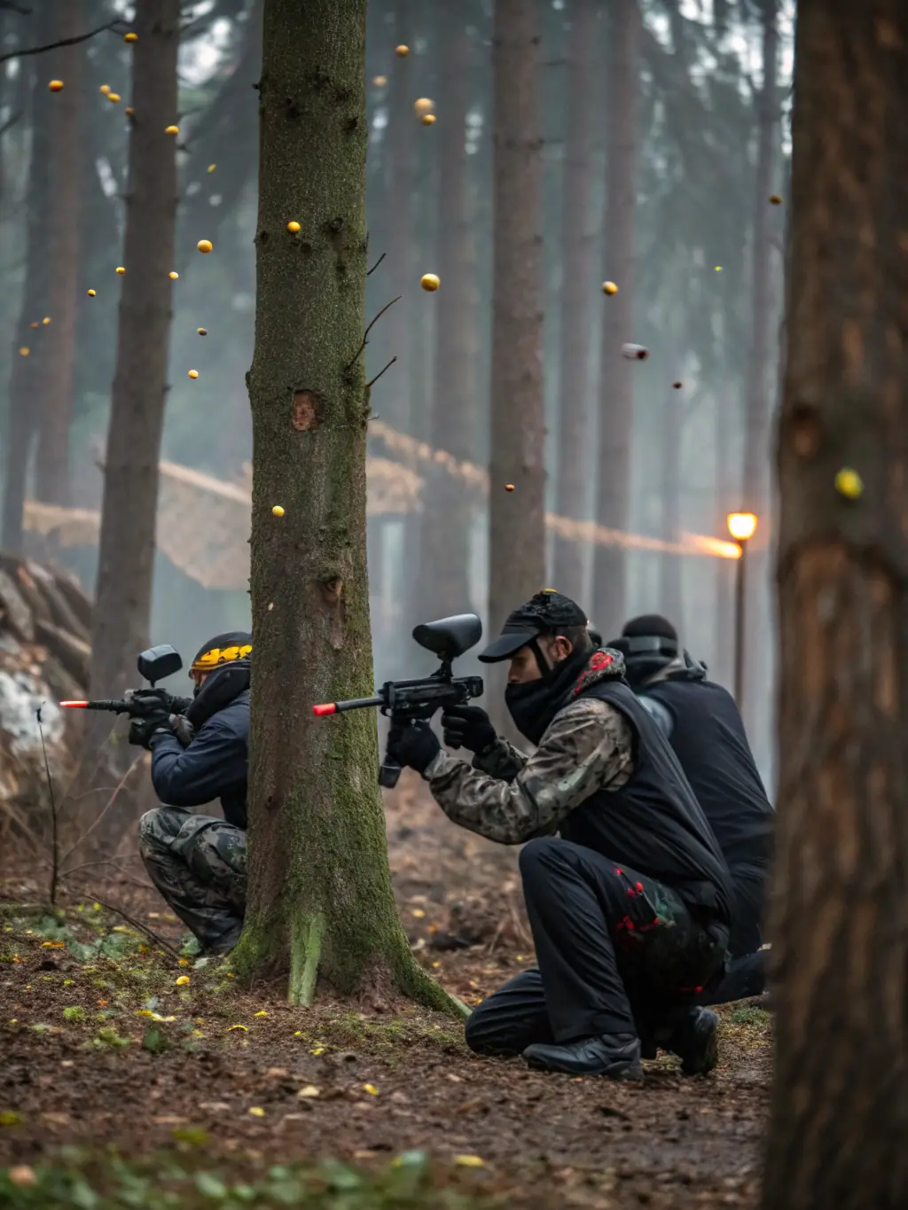 A paintball field with various obstacles and bunkers, ready for a game. The scene is set for an exciting and strategic paintball match.