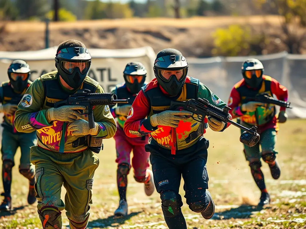A vibrant scene from a recreational paintball event, with participants of all ages laughing and engaging in friendly competition at PAINTBALL EDEN DIRAC.