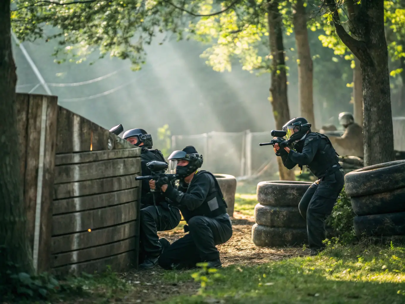A dynamic image of paintball players in action during a structured training session, showcasing teamwork and strategic planning.