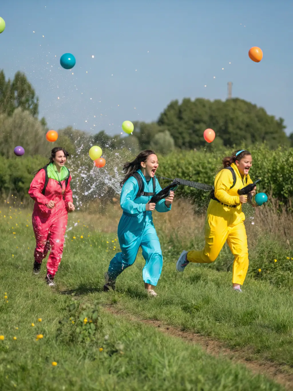 A diverse group of children and adults participating in an inclusive paintball game, smiling and working together. The setting is supportive and encouraging.