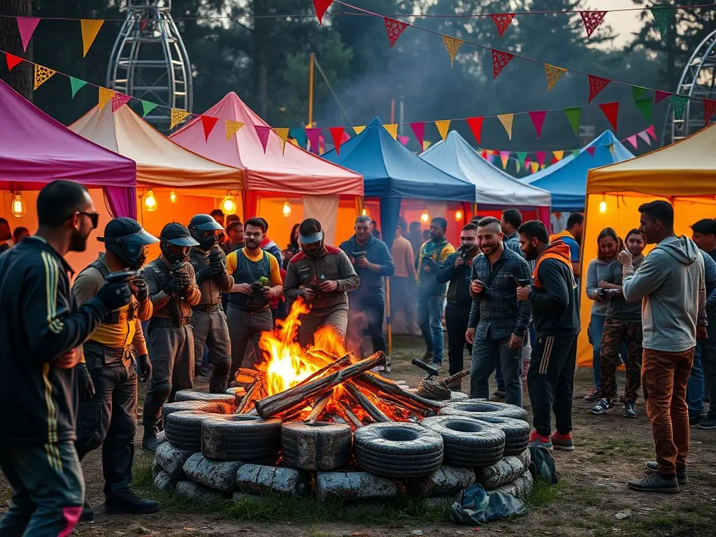 A vibrant scene from a recreational paintball event, with participants of all ages laughing and engaging in friendly competition in a safe outdoor setting.