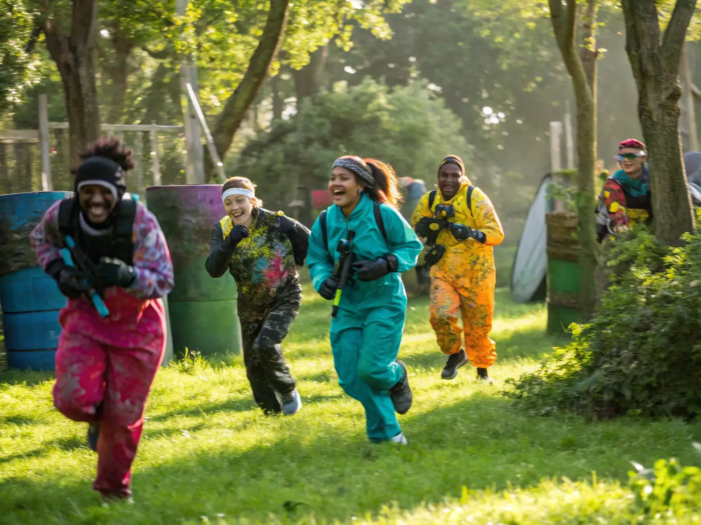 A group of paintball players in action, showcasing teamwork and strategic gameplay during a structured training session at PAINTBALL EDEN DIRAC.