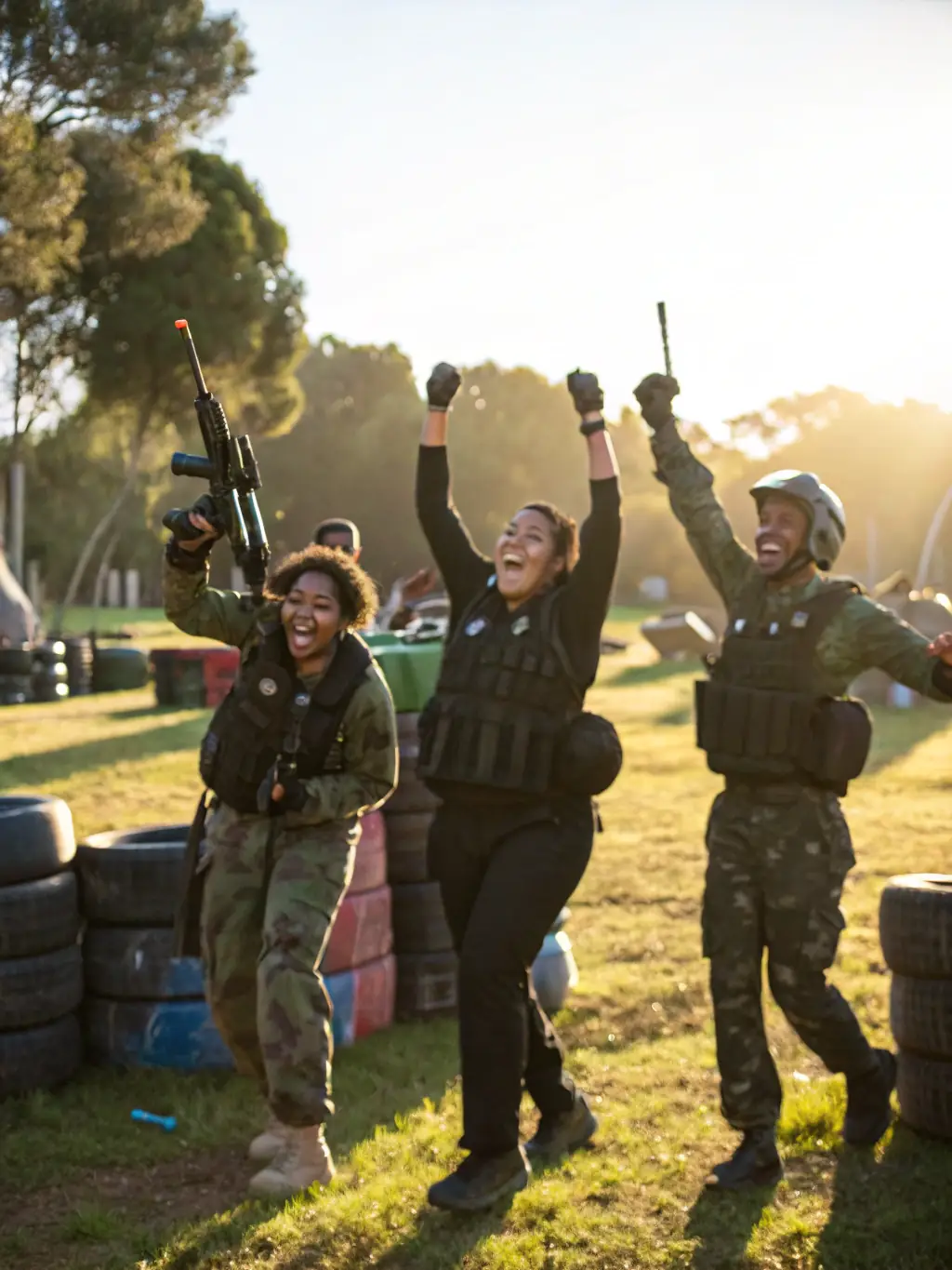 Participants in colorful protective gear engaged in a friendly paintball match in an outdoor field, with spectators cheering nearby. The atmosphere is lively and inclusive.