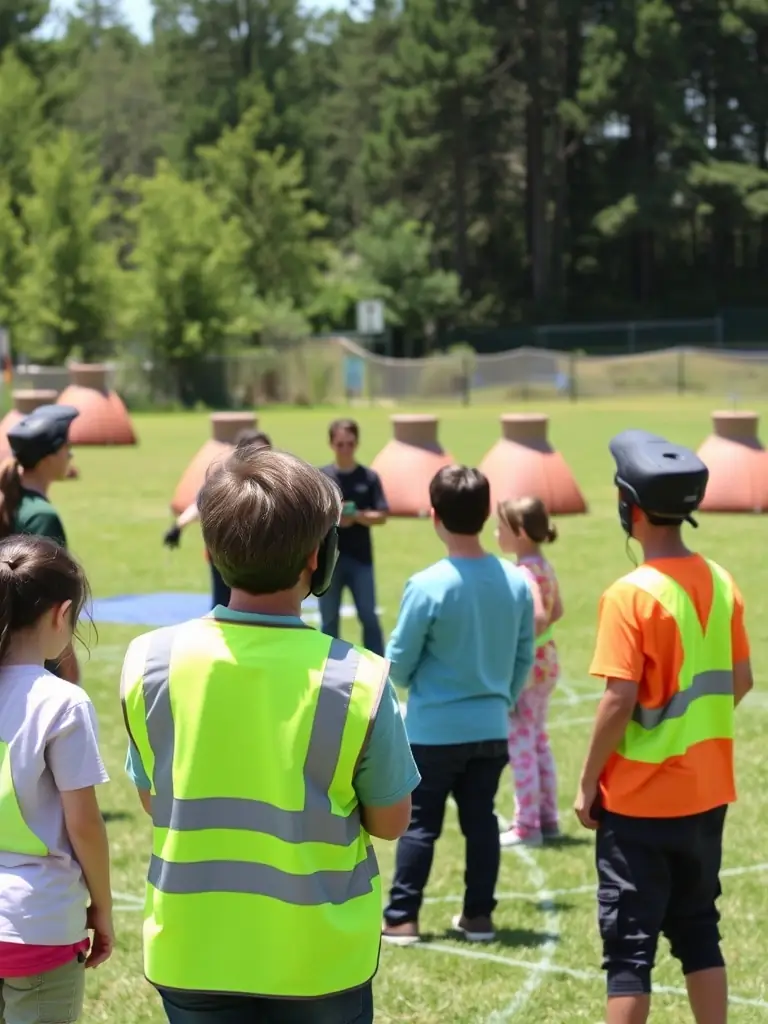 A group of players in protective gear engaged in a paintball training session outdoors, with instructors guiding them through drills. The focus is on teamwork and strategic thinking.